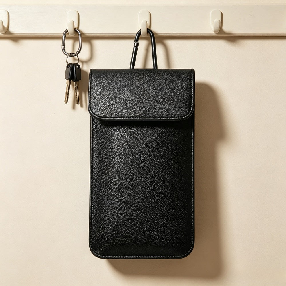 EMF RFID Blocking Carabiner Phone Pouch, Radiation Protection Leather Storage Bag 12.5×21cm