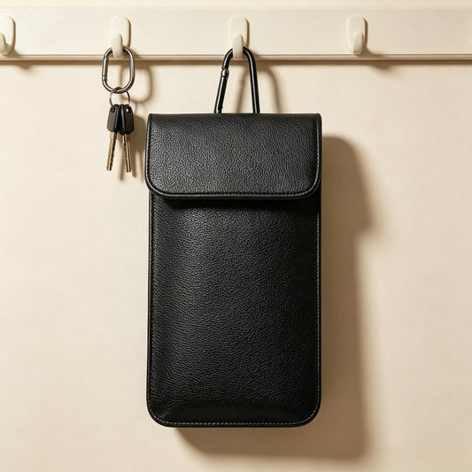 EMF RFID Blocking Carabiner Phone Pouch, Radiation Protection Leather Storage Bag 12.5×21cm